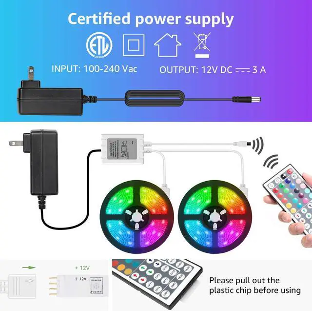Alt view image 7 of 7 - 50ft LED Strip Lights, Ultra-Long RGB 5050 LED Strips with Remote Controller and Fixing Clips, Color Changing Tape Light with 12V ETL Listed Adapter for Bedroom, Room, Kitchen, Bar