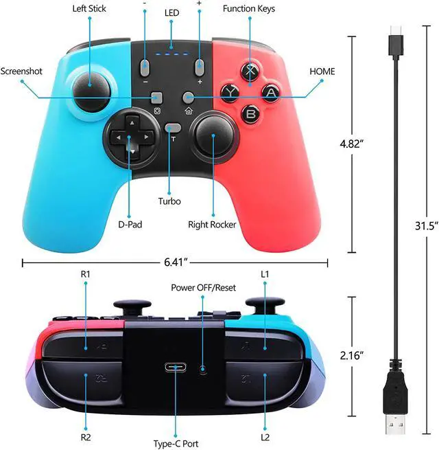 Alt view image 3 of 6 - Wireless Pro Controller Compatible with Switch / Switch Lite, Rechargeable Battery Replacement Remote Extra Gamepad Joystick, Support Motion Control and Dual Shock