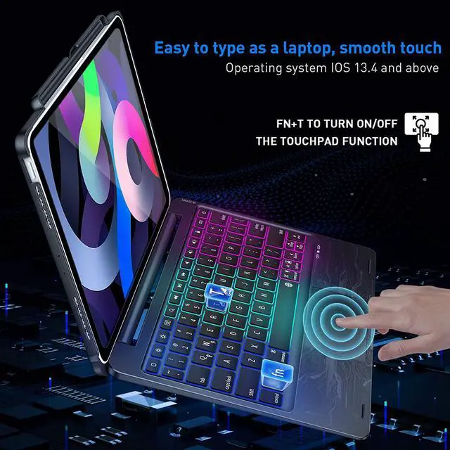 Alt view image 2 of 7 - Touchpad Keyboard Case for iPad Pro 11 inch 2018 2020 2021 / iPad Air 4 10.9 inch 2020 / iPad Air 5 10.9 2022 - Wireless Bluetooth - with Pencil Holder - Rainbow Backlight