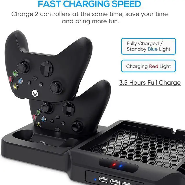 Alt view image 5 of 7 - Vertical Stand with Cooling Fan for Xbox Series X / S, Charging Station Dock with Dual Controller Charger Ports, Game Storage and Cooler System for Xbox Series X / S