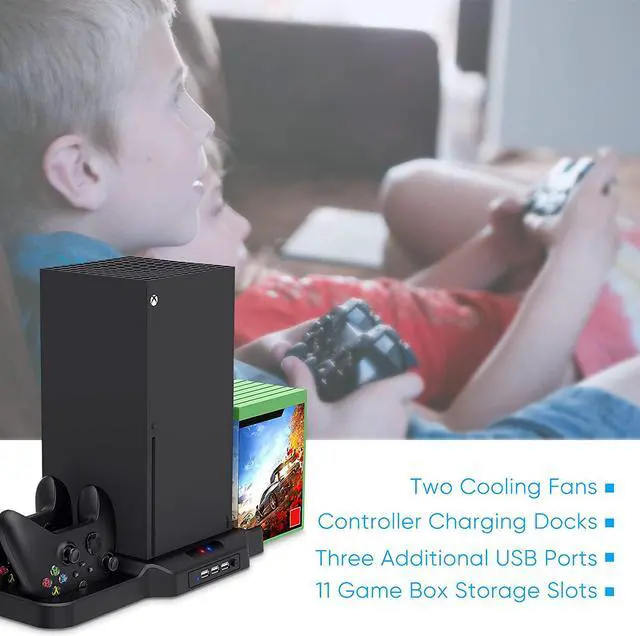 Alt view image 7 of 7 - Vertical Stand with Cooling Fan for Xbox Series X / S, Charging Station Dock with Dual Controller Charger Ports, Game Storage and Cooler System for Xbox Series X / S