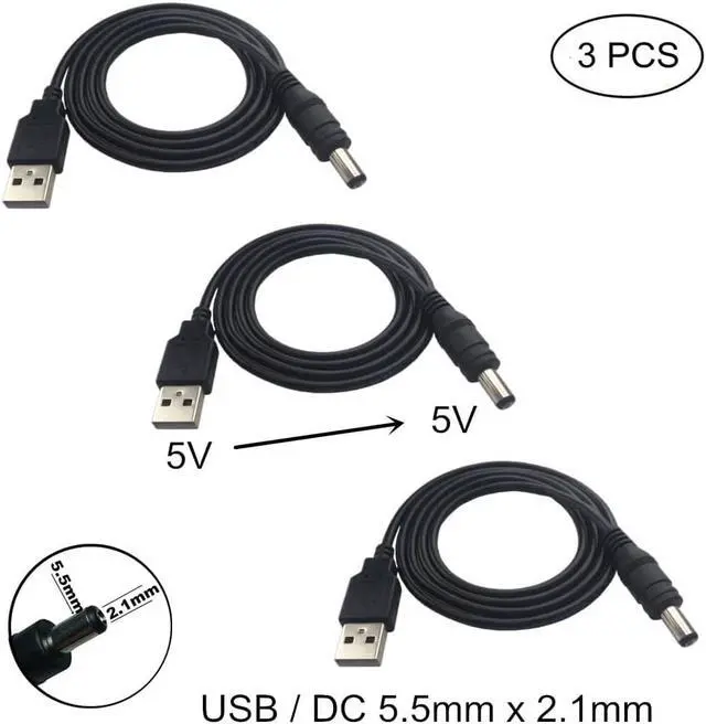 Alt view image 2 of 4 - 3 PCS 1m Extension Cable USB to DC Cable - 5V USB 2.0 Port Male to DC 5V Male 5.5mm x 2.1mm Power Cord (3.3ft)