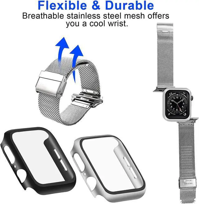Alt view image 3 of 7 - 2 Pack Bands Compatible with Apple Watch Band 38mm 40mm iWatch Bands 42mm 44mm with Case Women Men,Stainless Steel Mesh Sport Replacement Strap with Protective Case for iWatch Series 6/5/4/3/2/1,SE