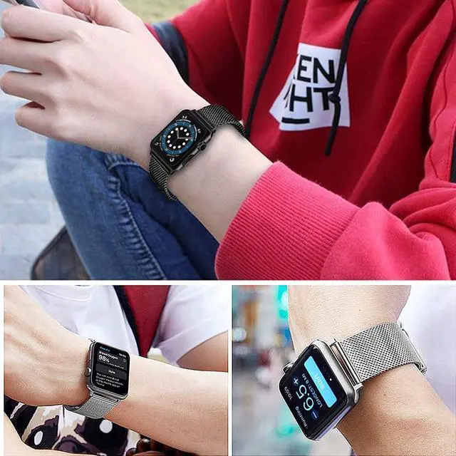 Alt view image 6 of 7 - 2 Pack Bands Compatible with Apple Watch Band 38mm 40mm iWatch Bands 42mm 44mm with Case Women Men,Stainless Steel Mesh Sport Replacement Strap with Protective Case for iWatch Series 6/5/4/3/2/1,SE