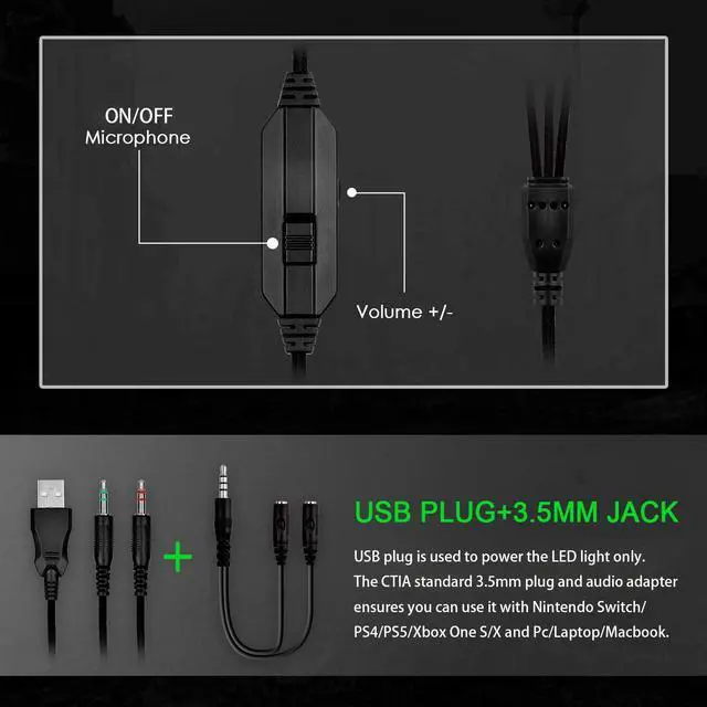 Alt view image 6 of 7 - PC Gaming Headphone with Microphone PS5 Gaming Headset with 7.1 Surround Sound Stereo for PS4 Switch,Omnidirectional Microphone Vibration LED Light,Compatible with Mac/Laptop