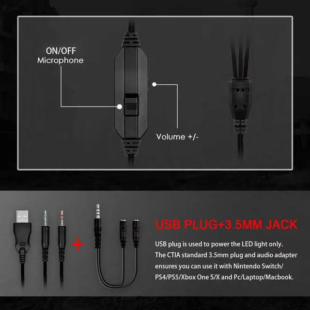 Alt view image 2 of 7 - PC Gaming Headphone with Microphone PS5 Gaming Headset with 7.1 Surround Sound Stereo for PS4 Switch,Omnidirectional Microphone Vibration LED Light,Compatible with Mac/Laptop
