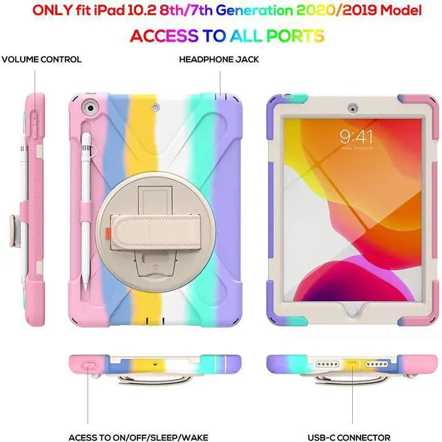 Alt view image 5 of 7 - iPad Case 7th 8th Generation 10.2 Inch Heavy Duty Kids Case with Pencil Holder Screen Protector Pencil Cap Holder Hand Strap Carrying Strap Kickstand for iPad 8 7 10.2 2020 2019