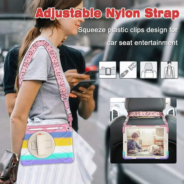 Alt view image 6 of 7 - iPad Case 7th 8th Generation 10.2 Inch Heavy Duty Kids Case with Pencil Holder Screen Protector Pencil Cap Holder Hand Strap Carrying Strap Kickstand for iPad 8 7 10.2 2020 2019