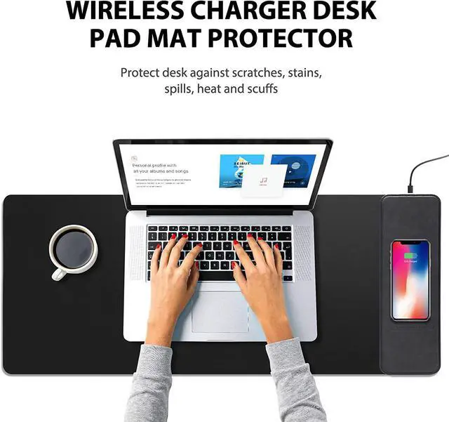Alt view image 4 of 7 - Wireless Charger Mouse Desk Pad - 31.2" x 11.8" 10W Office Desktop Qi Fast Wireless Charging Waterproof PU Leather Large Mouse Pad Mouse Mat for iPhone 12 Pro 11 Pro/Xs Max/XR Samsung Galaxy S10/S9/S8