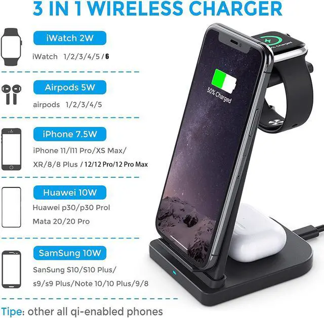 Alt view image 3 of 7 - Wireless Charger Stand 3 in 1, Detachable Fast Wireless Charging Station Dock Compatible for Apple Watch 6 5 4 3 2 1, Airpods 2/Pro, iPhone 12 Pro Max/11 Pro Max/X/Xr/Xs, Samsung, Qi-Certified