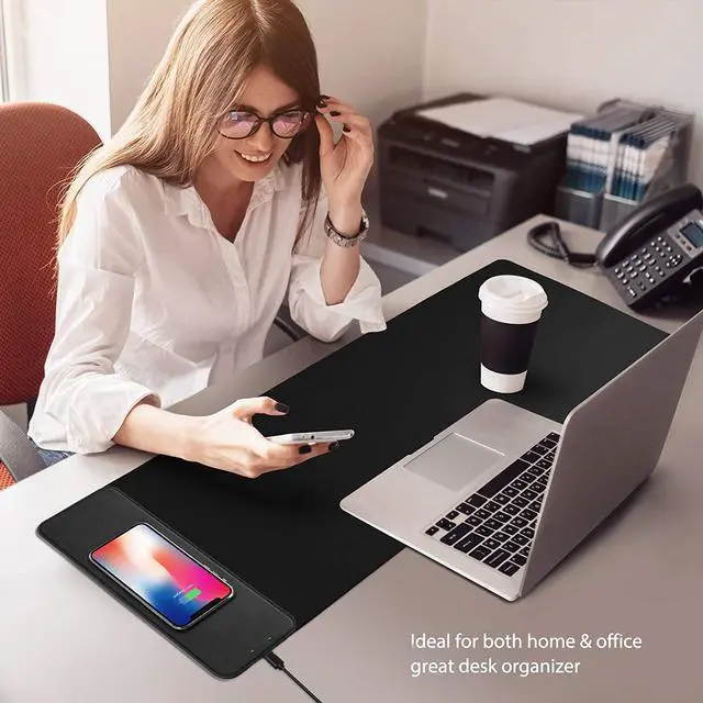 Alt view image 2 of 7 - Wireless Charger Mouse Desk Pad - 31.2" x 11.8" 10W Office Desktop Qi Fast Wireless Charging Waterproof PU Leather Large Mouse Pad Mouse Mat for iPhone 12 Pro 11 Pro/Xs Max/XR Samsung Galaxy S10/S9/S8