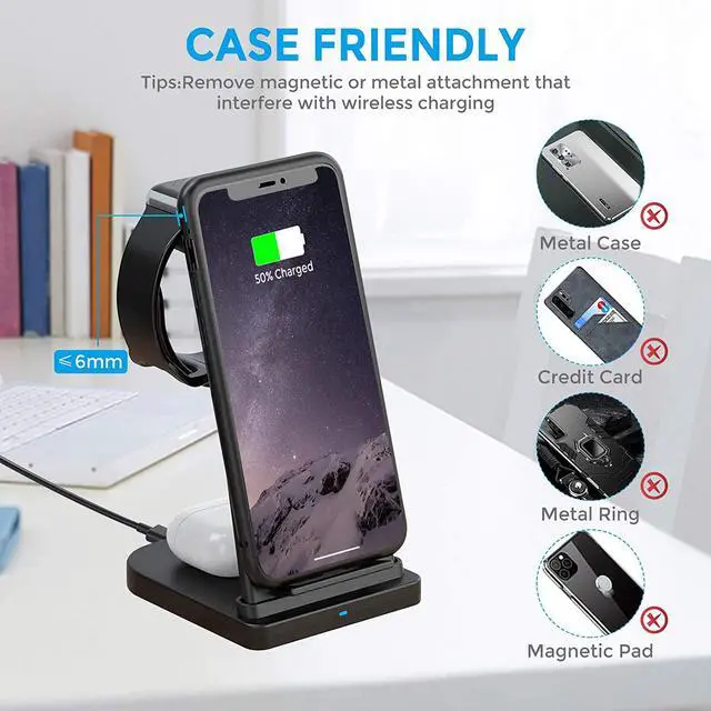 Alt view image 6 of 7 - Wireless Charger Stand 3 in 1, Detachable Fast Wireless Charging Station Dock Compatible for Apple Watch 6 5 4 3 2 1, Airpods 2/Pro, iPhone 12 Pro Max/11 Pro Max/X/Xr/Xs, Samsung, Qi-Certified