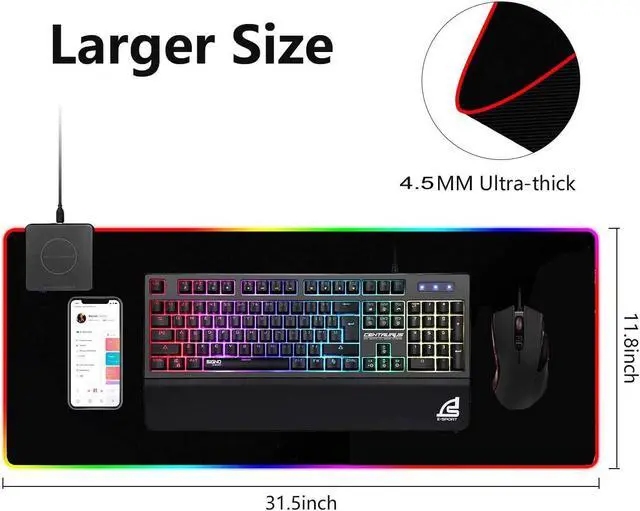 Alt view image 2 of 7 - 10W Wireless Charger Extended Mouse Pad , Soft LED Gaming Keyboard Mat Wireless Charging Large Mousepad Non Slip Rubber Base 31.5x11.8 inch