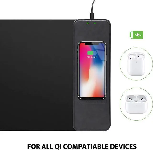 Alt view image 5 of 7 - Wireless Charger Mouse Desk Pad - 31.2" x 11.8" 10W Office Desktop Qi Fast Wireless Charging Waterproof PU Leather Large Mouse Pad Mouse Mat for iPhone 12 Pro 11 Pro/Xs Max/XR Samsung Galaxy S10/S9/S8