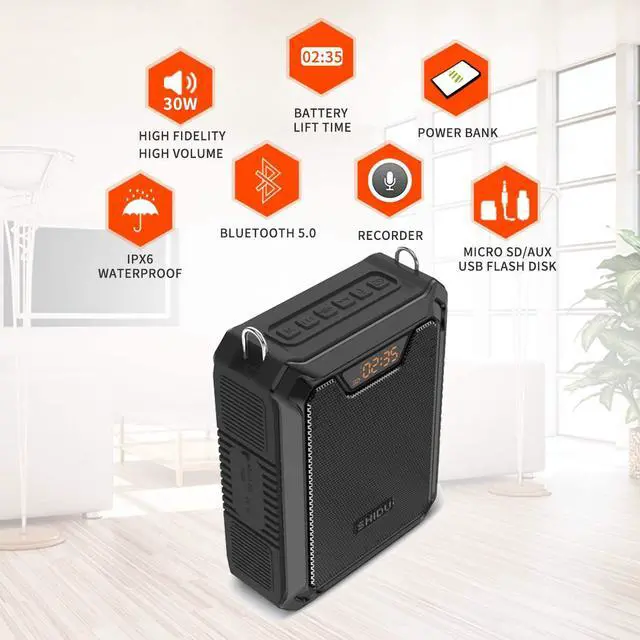 Alt view image 2 of 7 - Voice Amplifier, SHIDU 30W Voice Loudspeaker Bluetooth Speaker with UHF Wireless Mic and Wired Mic Headset IPX6 Waterproof Rechargeable PA System for Teachers, Outdoor