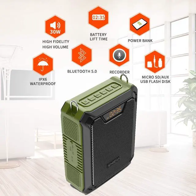 Alt view image 2 of 7 - Voice Amplifier, SHIDU 30W Voice Loudspeaker Bluetooth Speaker with UHF Wireless Mic and Wired Mic Headset IPX6 Waterproof Rechargeable PA System for Teachers, Outdoor