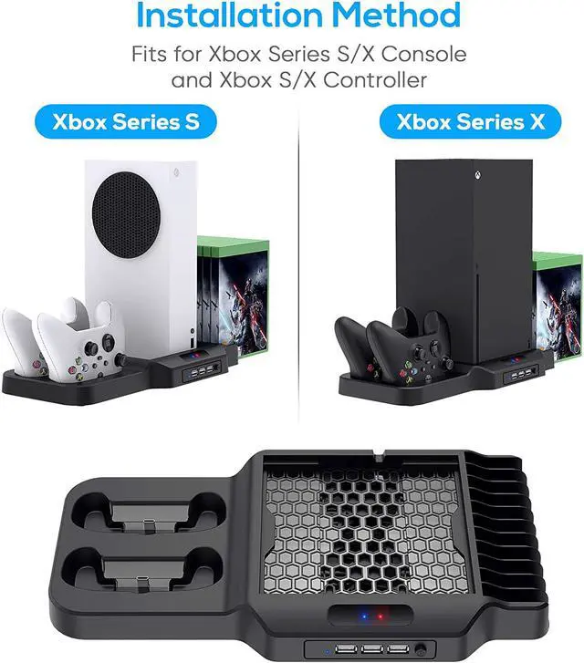 Alt view image 5 of 7 - Vertical Stand for Xbox Series X / S with Cooling Fan, Charging Station for Xbox Series X / S with Controller Charger Dock and Game Rack Storage Organizer 3 USB Ports