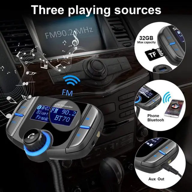 Alt view image 6 of 7 - Bluetooth FM Transmitter, Sumind Wireless Radio Adapter Hands-Free Car Kit with 1.7 Inch Display, QC3.0 and Smart 2.4A Dual USB Ports, AUX Input/Output, TF Card Mp3 Player