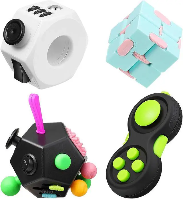 Main image of 4 Pieces Handheld Mini Fidget Toy Set Include 12-Side Fidget Toy Cube, Infinity Cube, Cam Fidget Controller Pad, Decompression Ring for Teens, Adults to Relieve Pressure, Anxiety