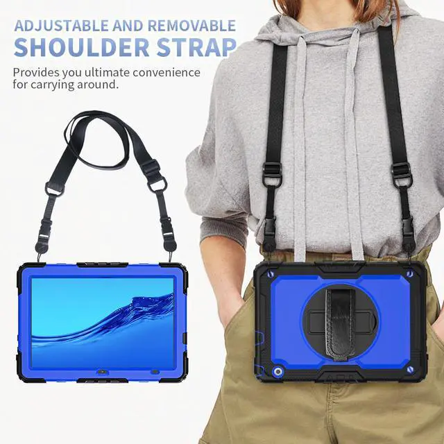 Alt view image 6 of 7 - Case for Huawei MatePad T5 10.1 Inch 2018, Rugged Shockproof Cover with 360 Degree Rotating Hand Strap / Kickstand, Screen Protector, Shoulder Strap