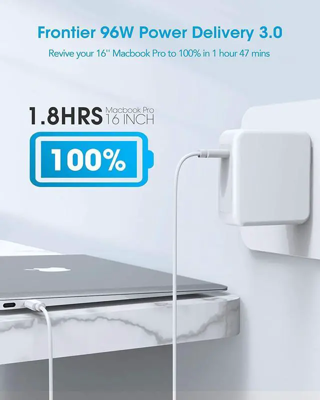 Alt view image 2 of 7 - 96W USB C Power Adapter, Compatible with MacBook Pro Charger 13 15 16 inch 2020 2019 2018 Works with USB C 96W 87W PD Power Charger, Included USB-C to USB-C Charge Cable - 6.6ft/2m