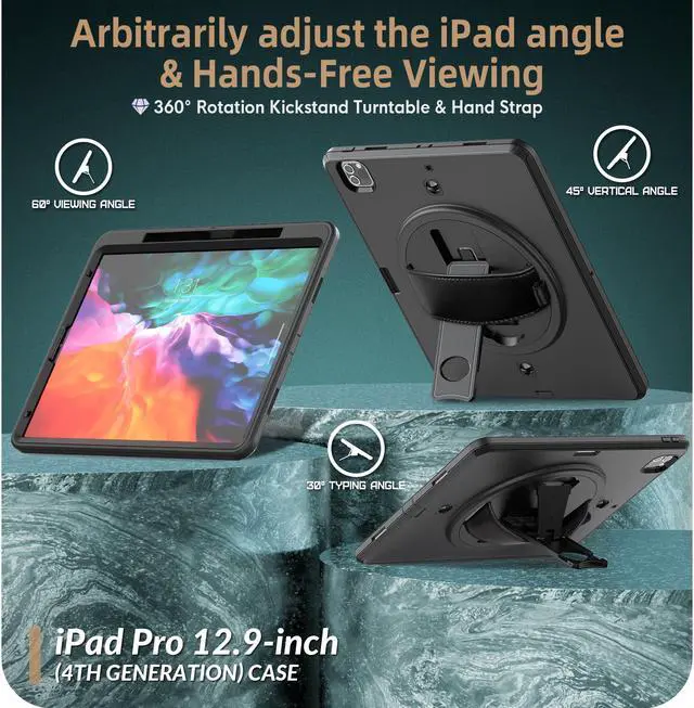 Alt view image 4 of 7 - Case for iPad Pro 12.9 2020 2018 iPad 4th Generation / 3rd Generation (Wireless Apple Pencil Charging) Shockproof Full-Body Protective Cover with Pencil Hoder/360° Rotating Stand&Hand/Shoulder Strap