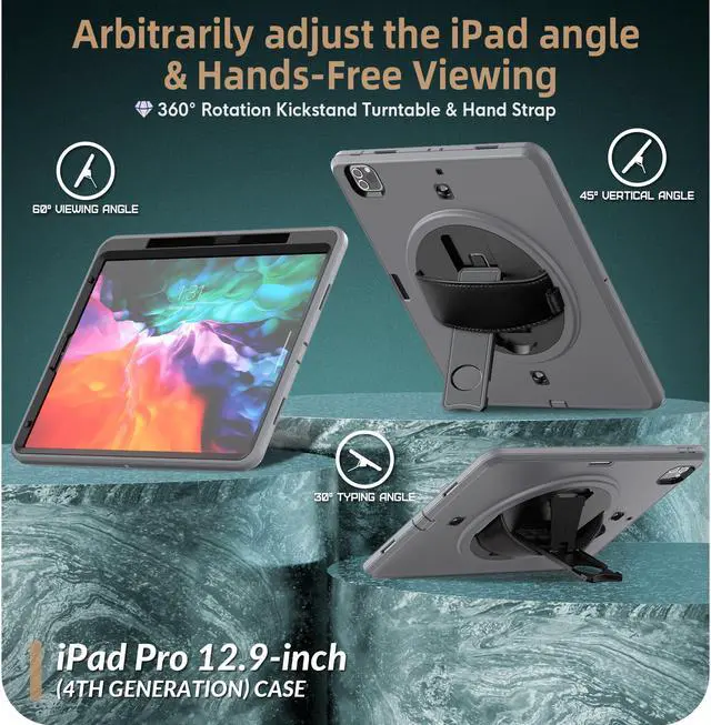 Alt view image 5 of 7 - Case for iPad Pro 12.9 2020 2018 iPad 4th Generation / 3rd Generation (Wireless Apple Pencil Charging) Shockproof Full-Body Protective Cover with Pencil Hoder/360° Rotating Stand&Hand/Shoulder Strap