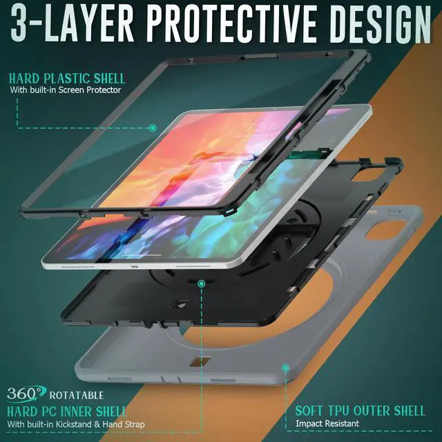 Alt view image 6 of 7 - Case for iPad Pro 12.9 2020 2018 iPad 4th Generation / 3rd Generation (Wireless Apple Pencil Charging) Shockproof Full-Body Protective Cover with Pencil Hoder/360° Rotating Stand&Hand/Shoulder Strap