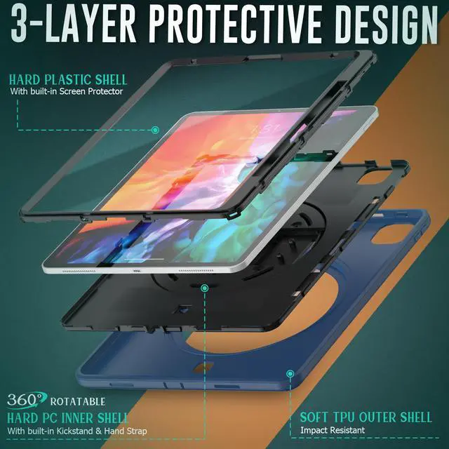 Alt view image 5 of 7 - Case for iPad Pro 12.9 2020 2018 iPad 4th Generation / 3rd Generation (Wireless Apple Pencil Charging) Shockproof Full-Body Protective Cover with Pencil Hoder/360° Rotating Stand&Hand/Shoulder Strap