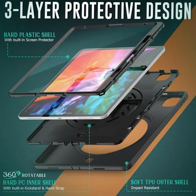 Alt view image 6 of 7 - Case for iPad Pro 12.9 2020 2018 iPad 4th Generation / 3rd Generation (Wireless Apple Pencil Charging) Shockproof Full-Body Protective Cover with Pencil Hoder/360° Rotating Stand&Hand/Shoulder Strap