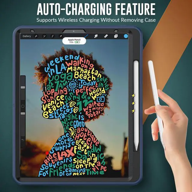 Alt view image 4 of 7 - Case for iPad Pro 12.9 2020 2018 iPad 4th Generation / 3rd Generation (Wireless Apple Pencil Charging) Shockproof Full-Body Protective Cover with Pencil Hoder/360° Rotating Stand&Hand/Shoulder Strap