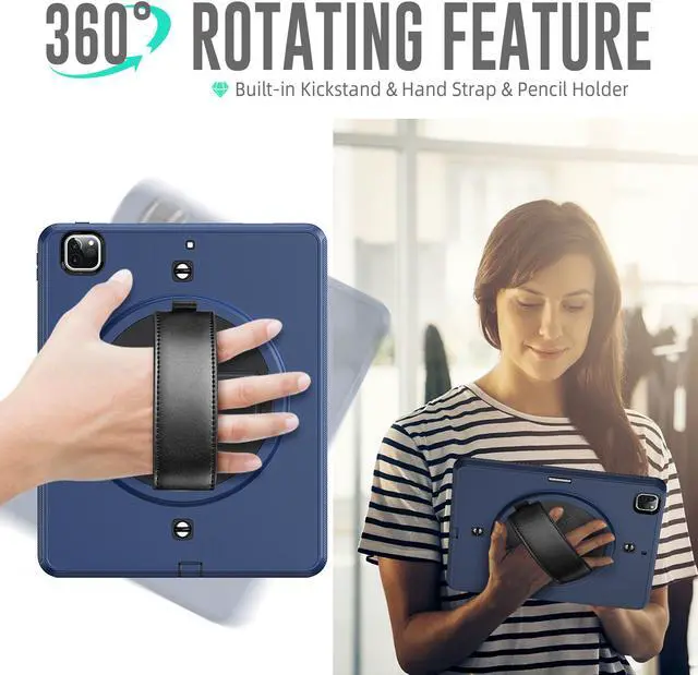 Alt view image 3 of 7 - Case for iPad Pro 12.9 2020 2018 iPad 4th Generation / 3rd Generation (Wireless Apple Pencil Charging) Shockproof Full-Body Protective Cover with Pencil Hoder/360° Rotating Stand&Hand/Shoulder Strap