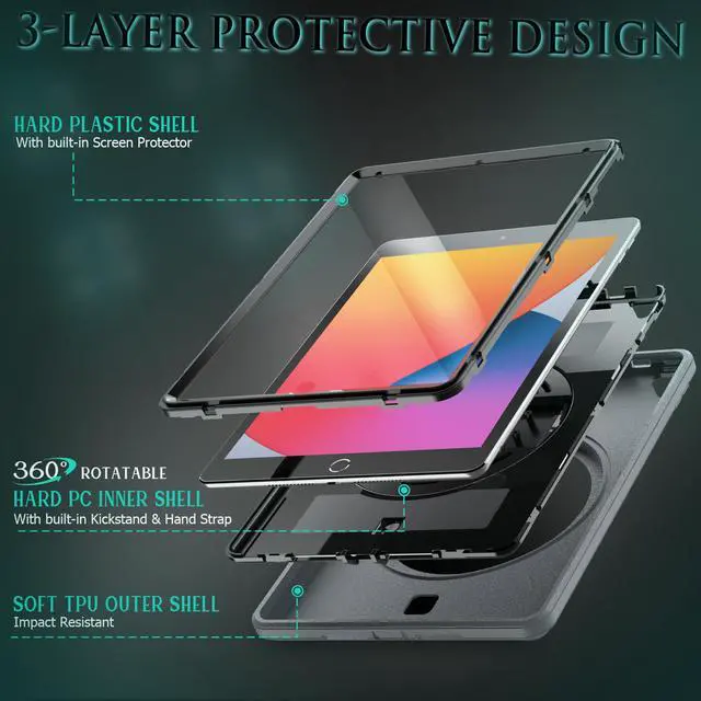 Alt view image 5 of 7 - Case for iPad 10.2 iPad 8th 7th Generation with Pencil Holder Screen Protector & Rotating Handle / Shoulder Strap Kickstand Cover Compatible with iPad Air 3 / iPad Pro 10.5 inch