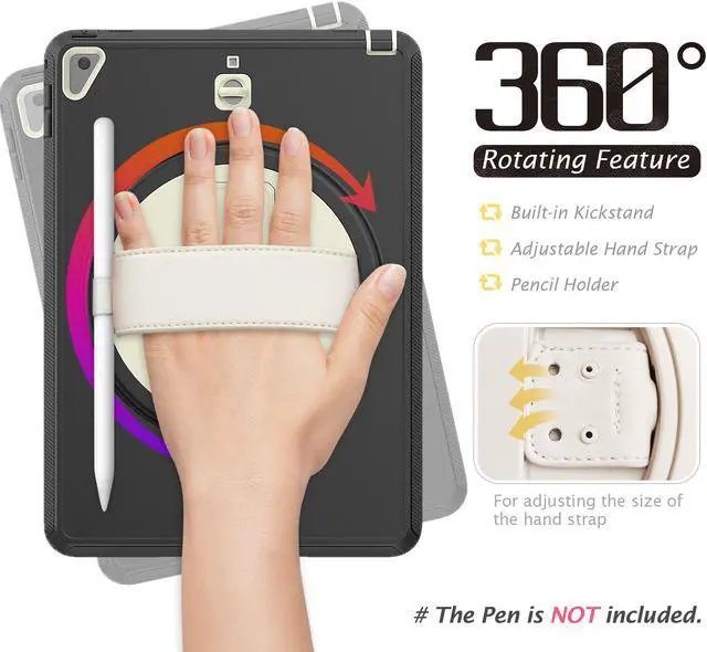Alt view image 2 of 7 - New iPad 9.7 Inch 2018 2017 Case Protective Cover with 360 Rotating Stand & Strap & Pencil Holder for iPad 5th/6th Generation / iPad Air 2 / iPad Pro 9.7