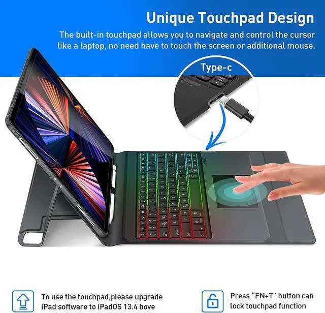 Alt view image 2 of 6 - Touch Keyboard Case with Trackpad for iPad Pro 12.9 inch 2021 2020 2018 5th 4th and 3rd Generation, Slim Folio Backlights iPad Case with Keyboard