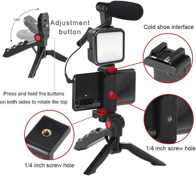 Alt view image 3 of 7 - Professional Smartphone Vlog Shooting Kits with Microphone LED Light Camera Tripod Holder for Live Photography YouTube Recording