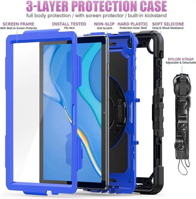 Alt view image 6 of 7 - Shockproof Cover Protective Case with Built-in Screen Protector for Huawei Matepad T10s 10.1 inch AGS3-L09 AGS3-W09 / Matepad T10 9.7 inch AGR-L09 AGR-W09 with Stand, Hand Strap & Shoulder Strap