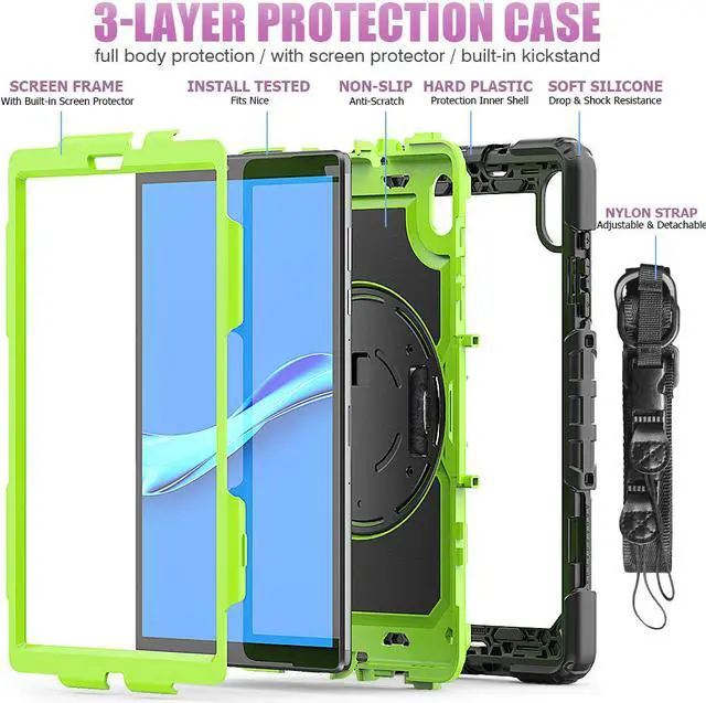 Alt view image 3 of 7 - Shockproof Cover Protective Case with Built-in Screen Protector for Lenovo Tab M10 HD (2nd Gen) 10.1 inch 2020 TB-X306F / TB-X306X with Stand, Hand Strap & Shoulder Strap