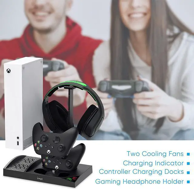 Alt view image 7 of 7 - Upgraded Cooling Stand for Xbox Series S Console with Controller Charging Station - Dual Powerful Cooling Fan & Controller Charger Dock with 2 x 1400mAh Rechargeable Batteries, Headset Holder for XSS