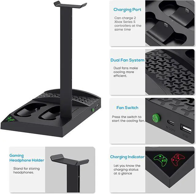 Alt view image 5 of 7 - Upgraded Cooling Stand for Xbox Series S Console with Controller Charging Station - Dual Powerful Cooling Fan & Controller Charger Dock with 2 x 1400mAh Rechargeable Batteries, Headset Holder for XSS