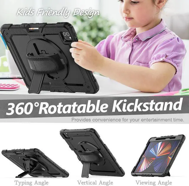 Alt view image 2 of 7 - iPad Pro 12.9 inch Case 2021 with Pencil Holder, Shockproof Cover with Built-in Screen Protector, Hand Strap, Shoulder Strap, Kickstand for iPad Pro 12.9 5th Gen 2021 / 4th Gen 2020 / 3rd Gen 2018