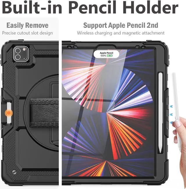 Alt view image 6 of 7 - iPad Pro 12.9 inch Case 2021 with Pencil Holder, Shockproof Cover with Built-in Screen Protector, Hand Strap, Shoulder Strap, Kickstand for iPad Pro 12.9 5th Gen 2021 / 4th Gen 2020 / 3rd Gen 2018