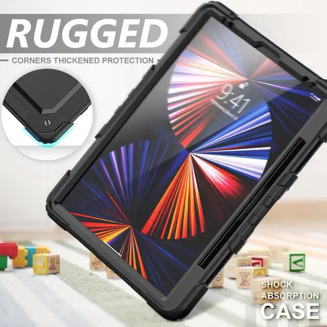 Alt view image 3 of 7 - iPad Pro 12.9 inch Case 2021 with Pencil Holder, Shockproof Cover with Built-in Screen Protector, Hand Strap, Shoulder Strap, Kickstand for iPad Pro 12.9 5th Gen 2021 / 4th Gen 2020 / 3rd Gen 2018