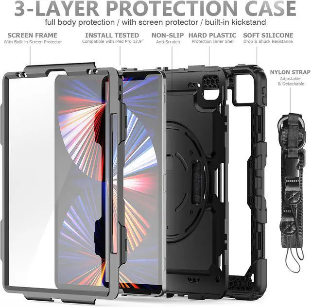 Alt view image 7 of 7 - iPad Pro 12.9 inch Case 2021 with Pencil Holder, Shockproof Cover with Built-in Screen Protector, Hand Strap, Shoulder Strap, Kickstand for iPad Pro 12.9 5th Gen 2021 / 4th Gen 2020 / 3rd Gen 2018