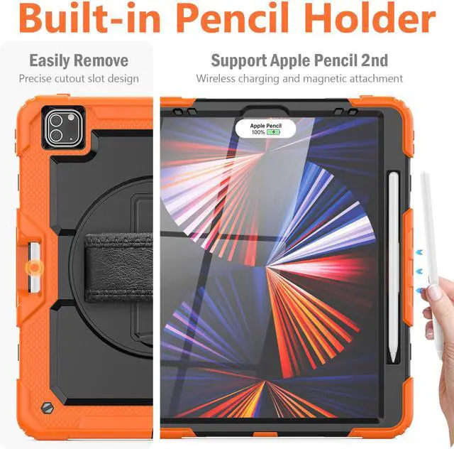 Alt view image 4 of 7 - iPad Pro 12.9 inch Case 2021 with Pencil Holder, Shockproof Cover with Built-in Screen Protector, Hand Strap, Shoulder Strap, Kickstand for iPad Pro 12.9 5th Gen 2021 / 4th Gen 2020 / 3rd Gen 2018