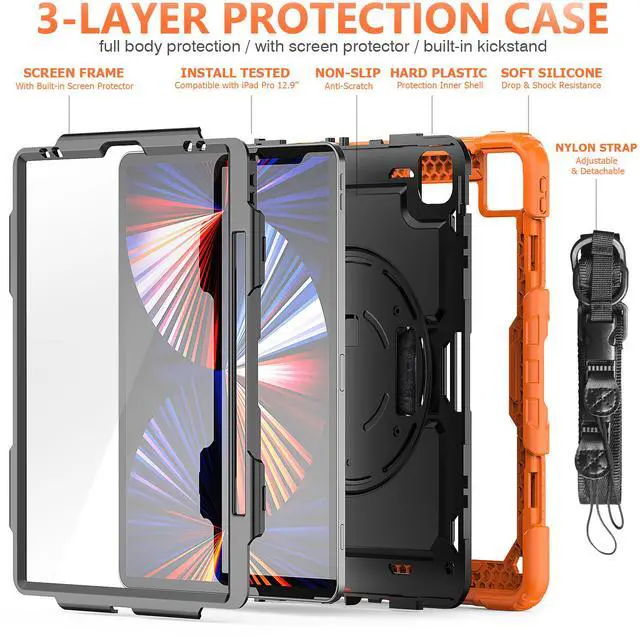 Alt view image 6 of 7 - iPad Pro 12.9 inch Case 2021 with Pencil Holder, Shockproof Cover with Built-in Screen Protector, Hand Strap, Shoulder Strap, Kickstand for iPad Pro 12.9 5th Gen 2021 / 4th Gen 2020 / 3rd Gen 2018