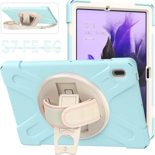 Alt view image 3 of 7 - Case for Samsung Galaxy Tab S7 FE 12.4 inch 2021 SM-T730/ T735/ T736B/ T736N, Protective Shell Shockproof Tablet Cover with Stand / Handle Strap & Shoulder Strap