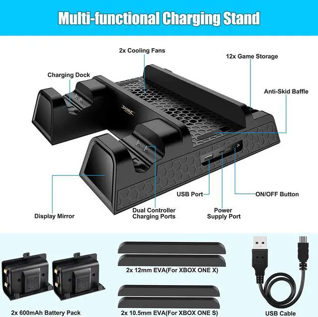 Alt view image 6 of 7 - Vertical Cooling Stand For Xbox One / Xbox One S / Xbox One X, Dual Controller Charging Docking Station for Xbox One Cooler Cooling Fan with 2 600mAh Batteries, Games Storage