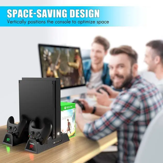 Alt view image 5 of 7 - Vertical Cooling Stand For Xbox One / Xbox One S / Xbox One X, Dual Controller Charging Docking Station for Xbox One Cooler Cooling Fan with 2 600mAh Batteries, Games Storage