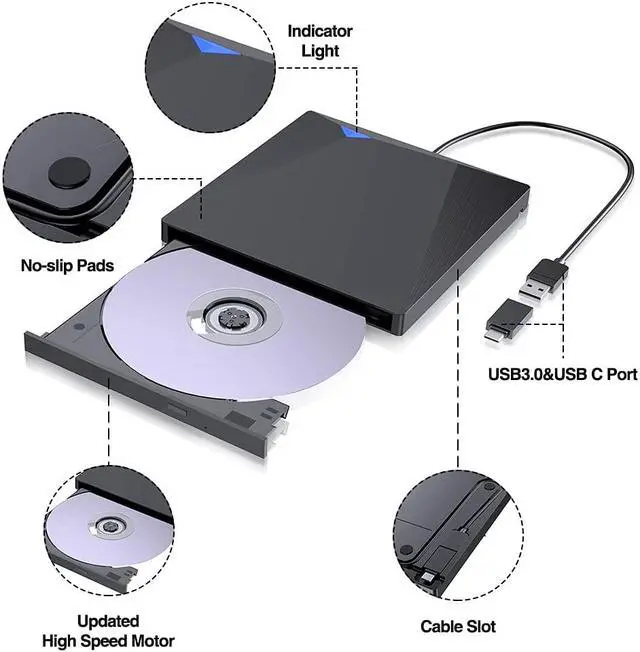 Alt view image 2 of 7 - External CD DVD Drive USB 3.0 Type-C, Portable USB C Superdrive Burner Player Writer CD DVD +/- RW, Compatible with Windows 10 8 7 XP Vista Mac OS Linux for Mac Pro Air iMac Laptop